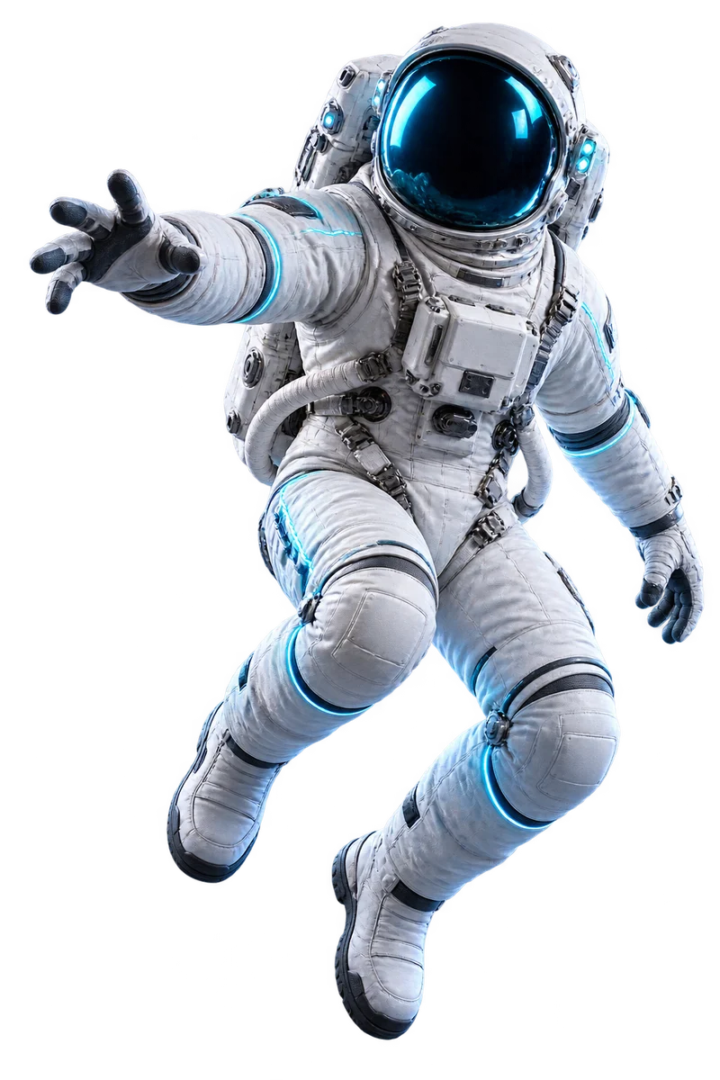 An Astro astronaut floating in front of a luminous blue planet