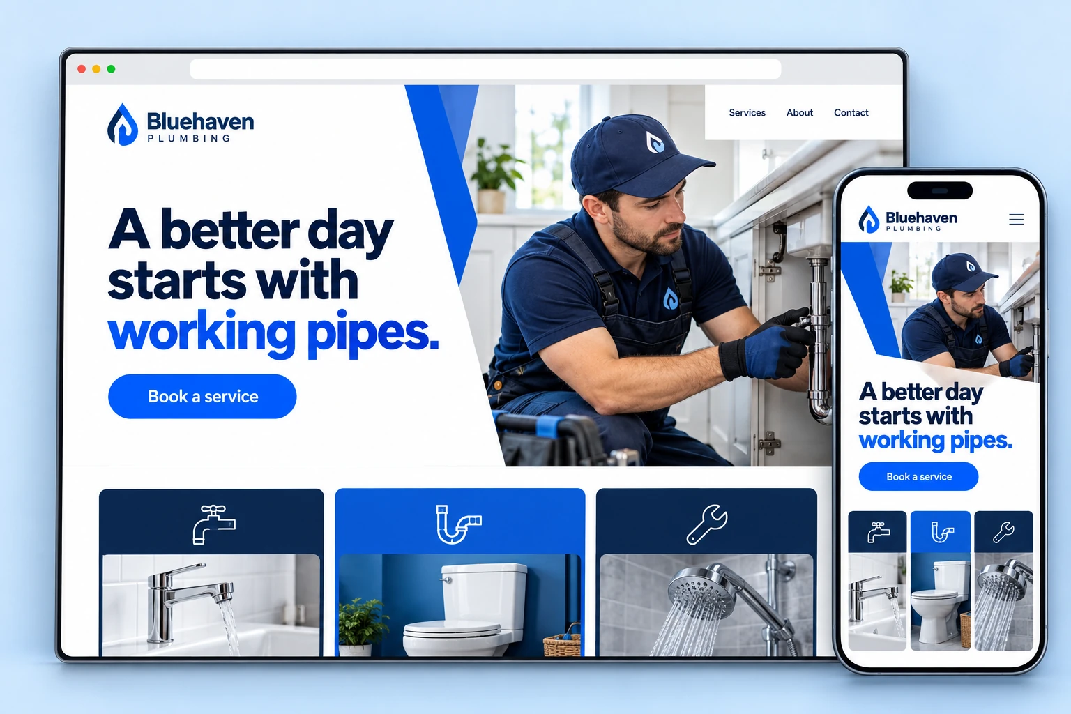 Bluehaven Plumbing — desktop and mobile website concept
