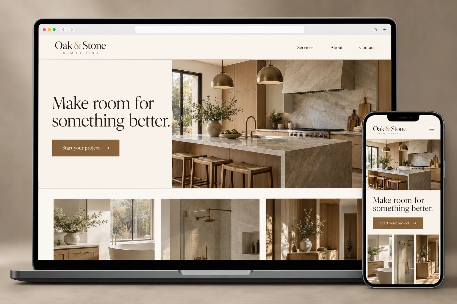 Oak & Stone Remodeling — desktop and mobile website concept
